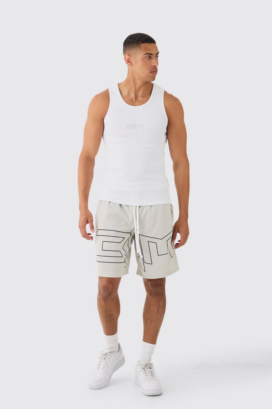 Conjunto de pantalón corto de malla estilo baloncesto y camiseta sin mangas de canalé ajustada al músculo, Multi image number 1