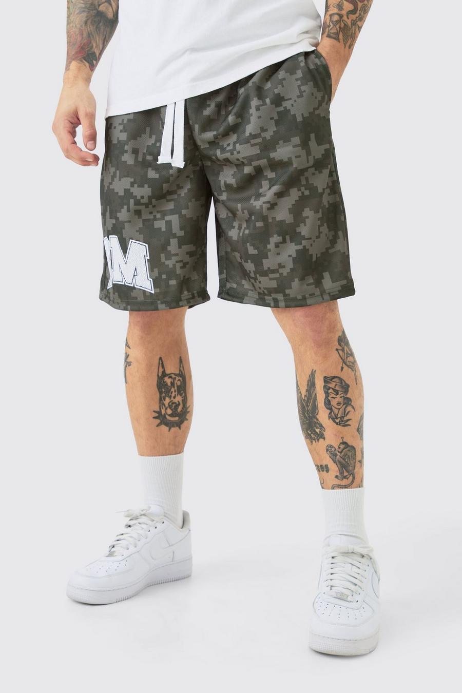 Pantalón corto de baloncesto de malla con estampado de camuflaje BM, Khaki