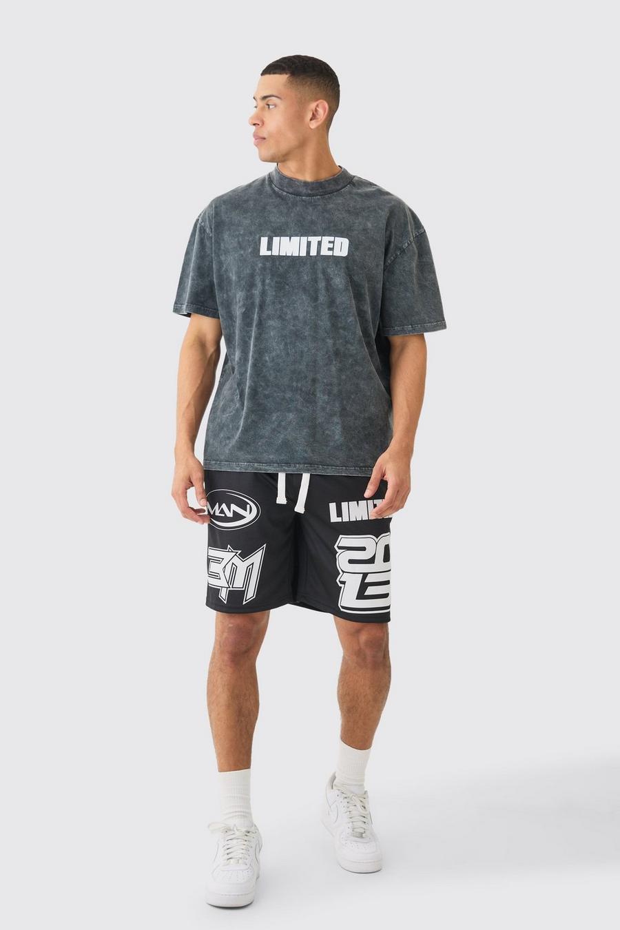 Black Oversized Acid Wash Limited T-shirt & Mesh Basketball Shorts image number 1