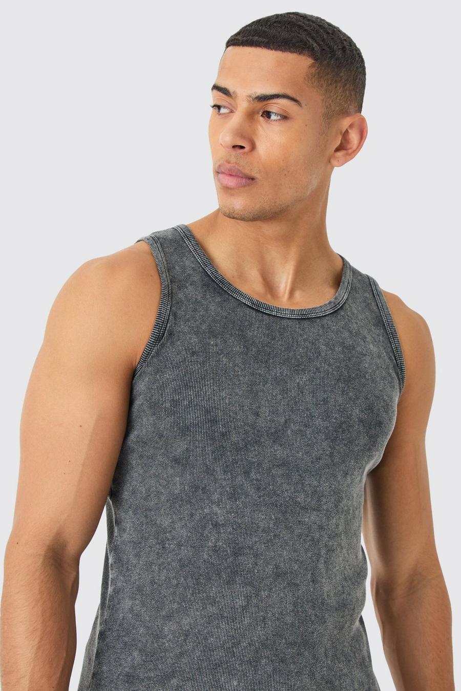 Charcoal Muscle Fit Acid Wash Ribbed Vest image number 1