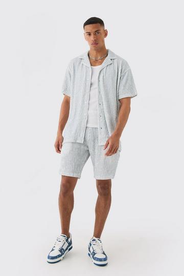 Two Tone Oversized Ripple Pleated Shirt And Short Set blue