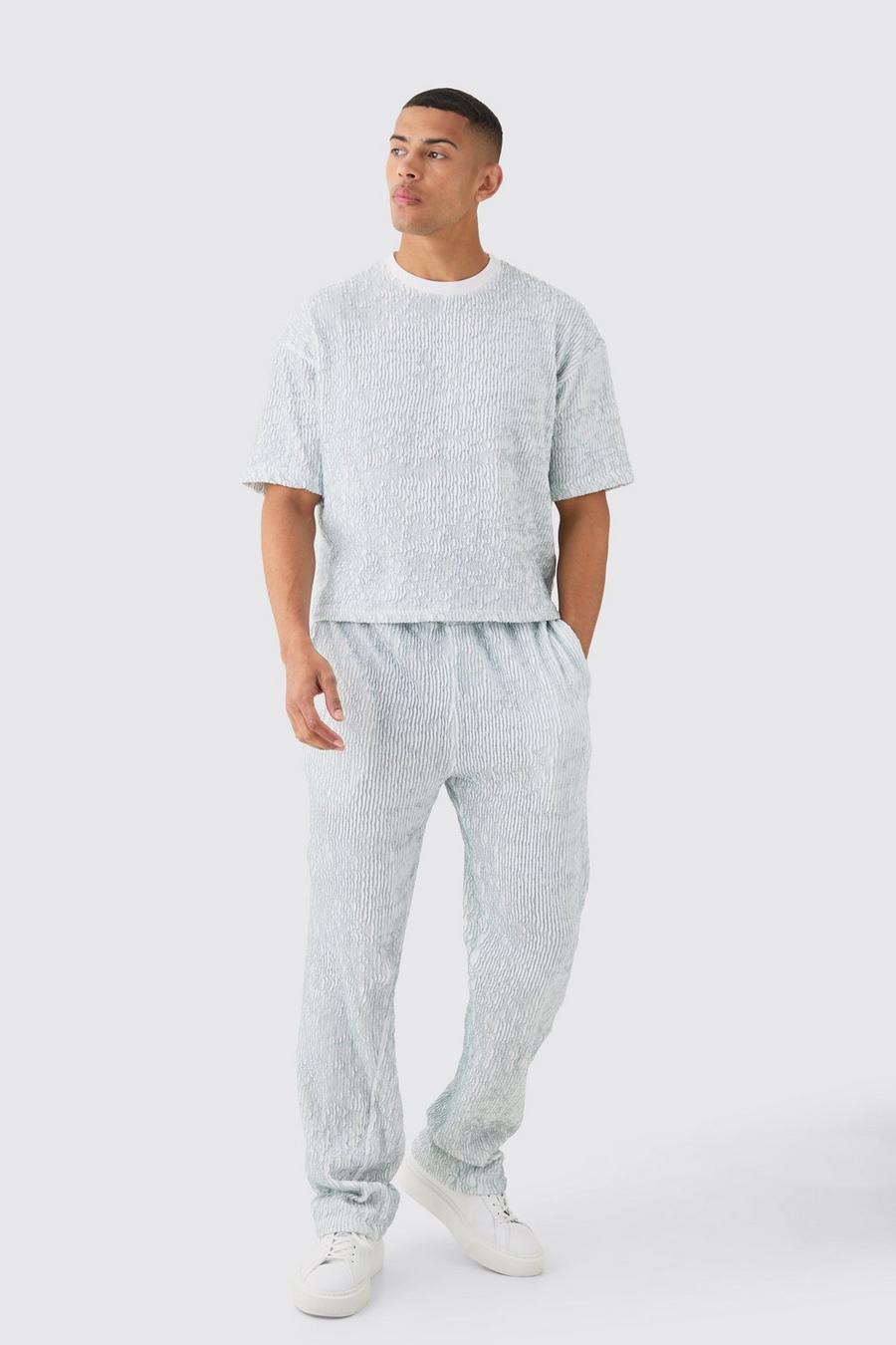 Blue Two Tone Boxy Ripple Pleated T-shirt & Trouser image number 1