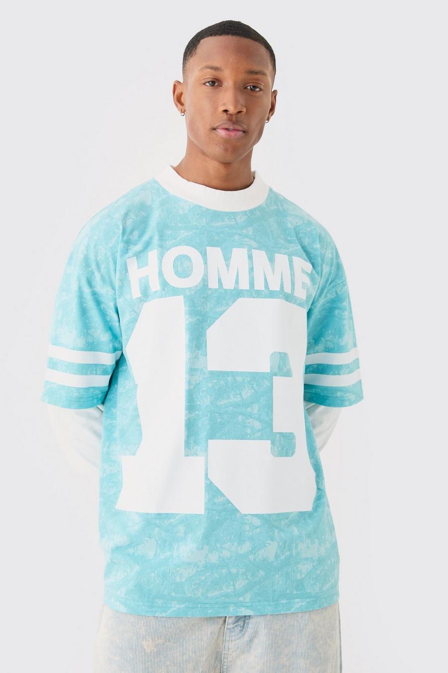 Blue Oversized Camo Homme Print Layered T-shirt