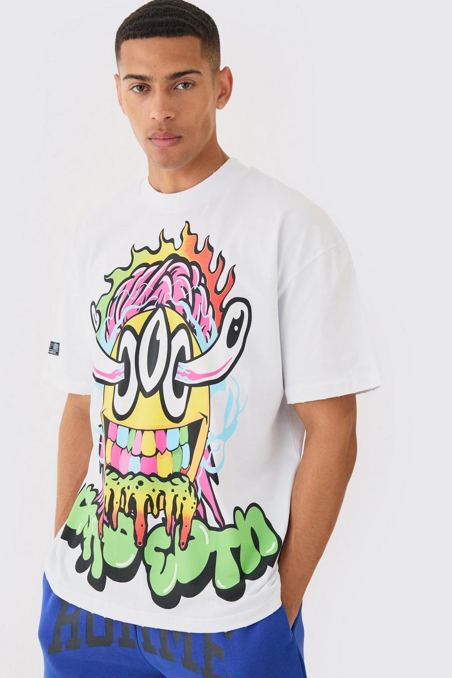 White Oversized Nibbled Smiley T-Shirt Met Print image number 1