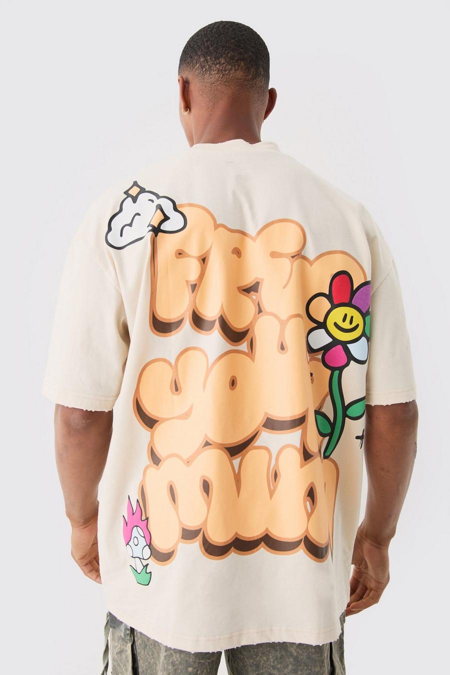 Camiseta oversize rota con estampado de flores en relieve, Stone image number 1