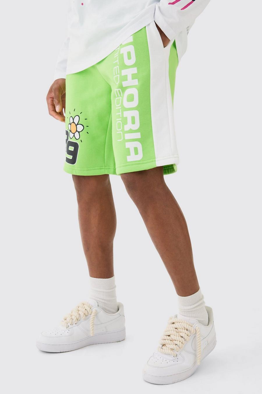 Green Euphoria Graphic Long Length Basketball Shorts image number 1
