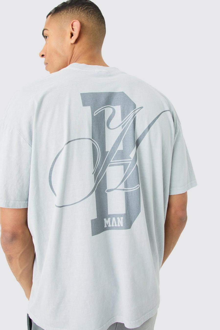 T-shirt squadrata oversize slavata con scritta Bh Man, Light grey image number 1