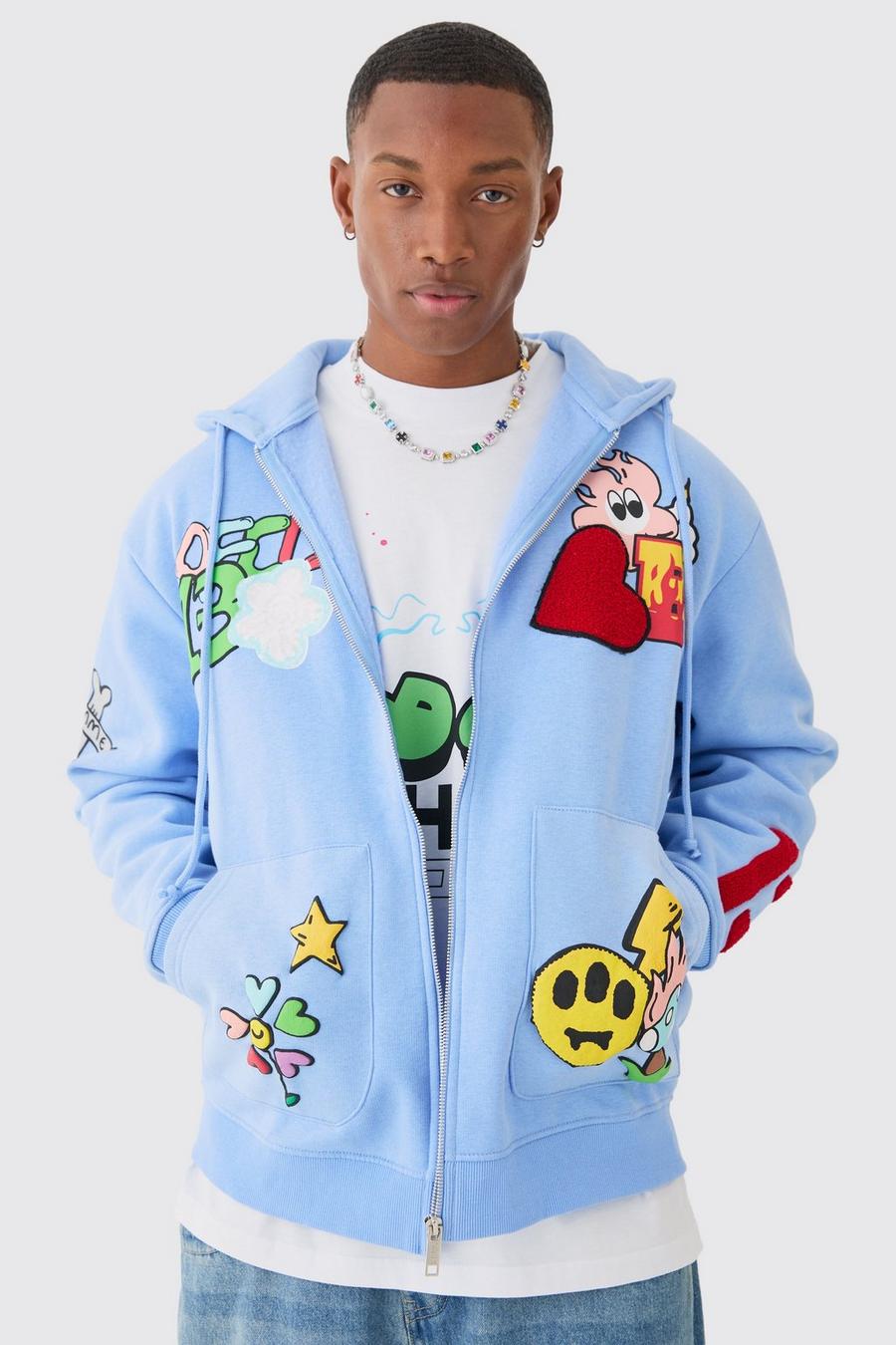 Light blue Oversized Zip Through Embroidered Spray Hoodie image number 1