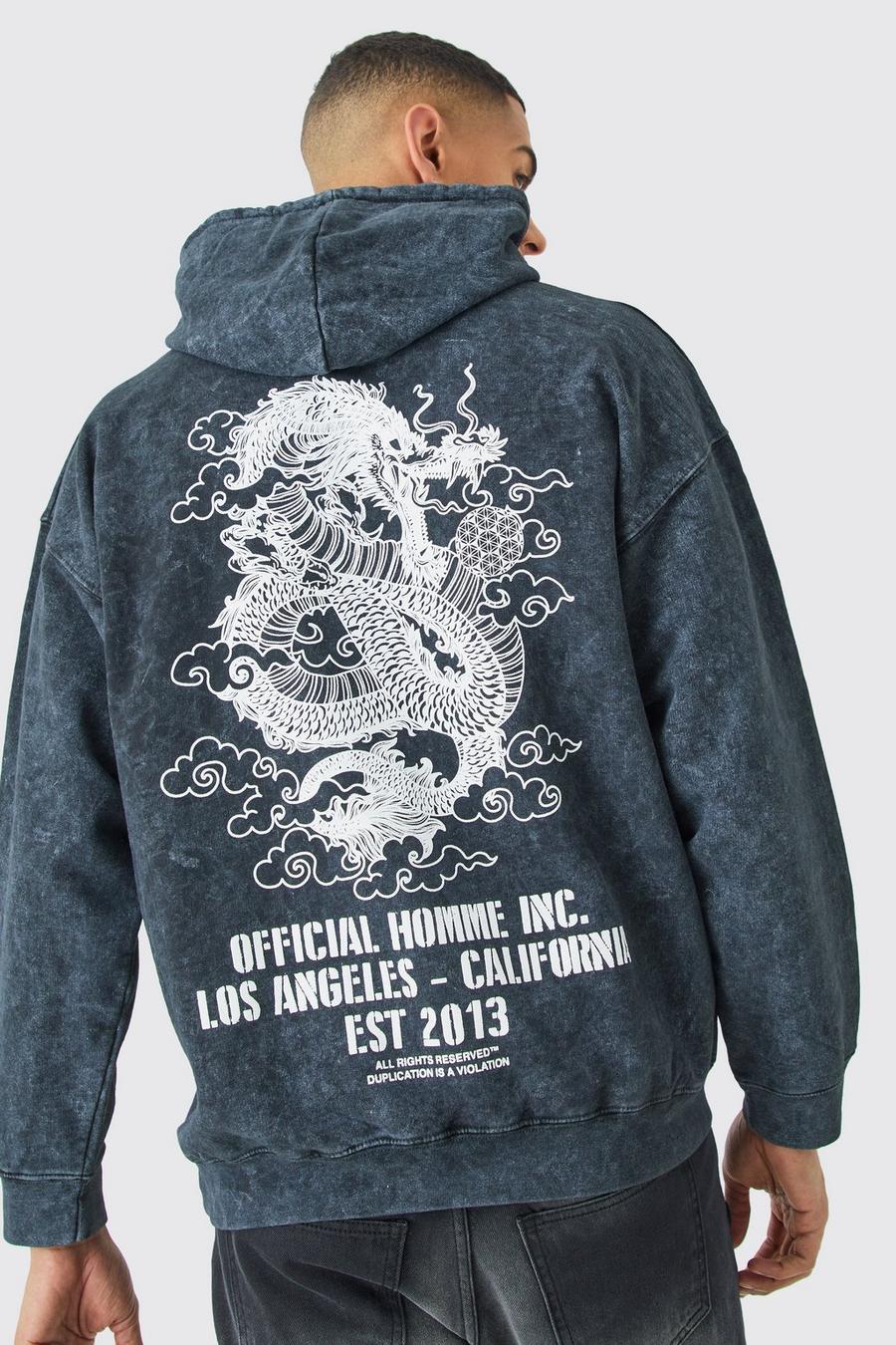 Black Oversized Acid Wash Gebleekte Dragon Hoodie Met Print
