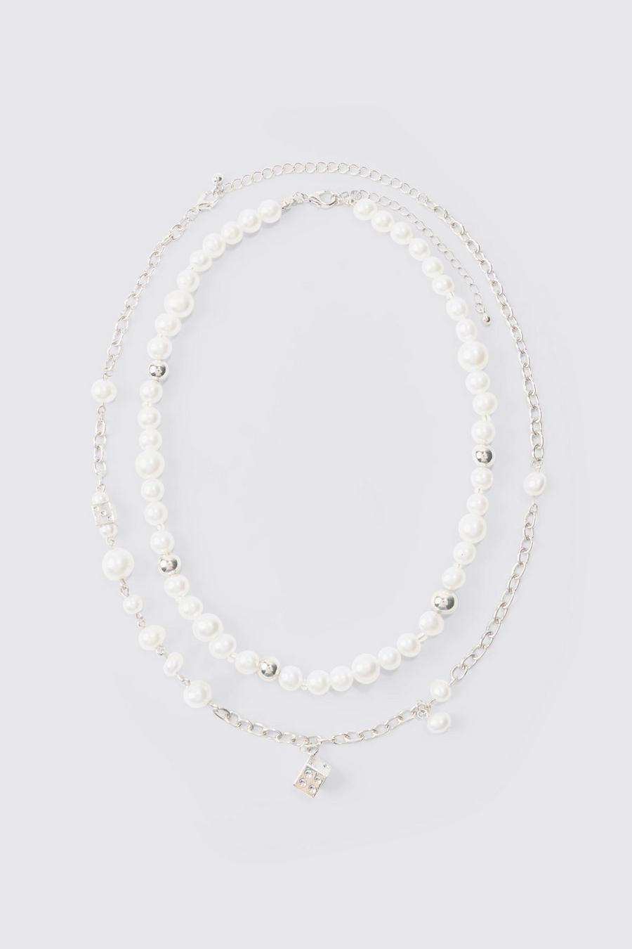 Collar blanco de dos capas con dados y perlas, White image number 1