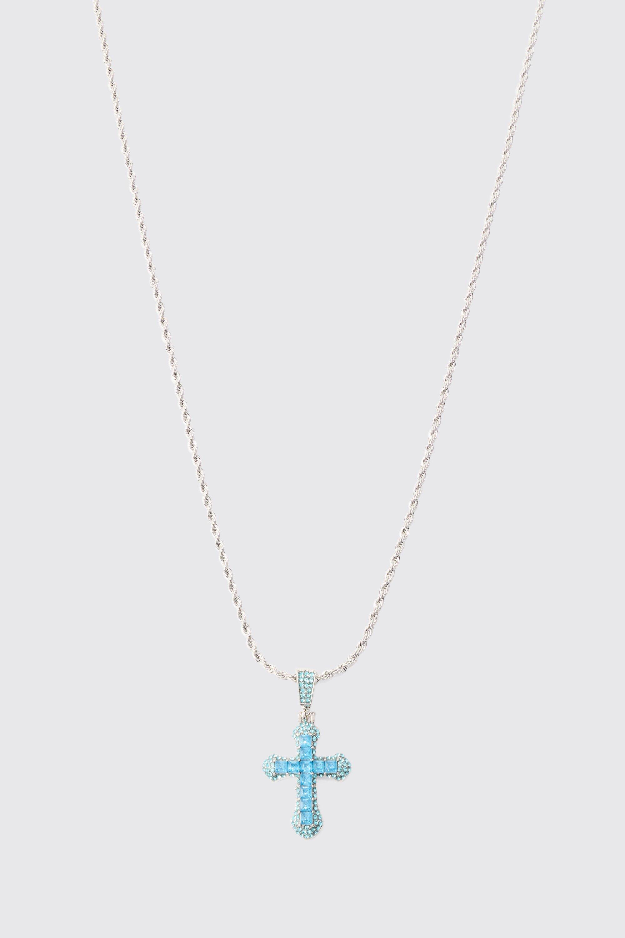 Iced Cross Pendant Necklace In Blue