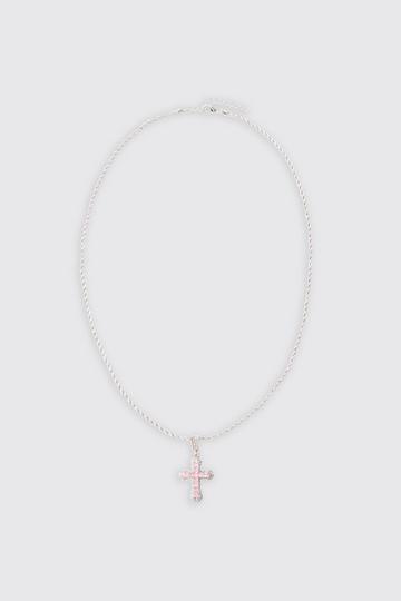 Pink Iced Cross Pendant Necklace In Pink