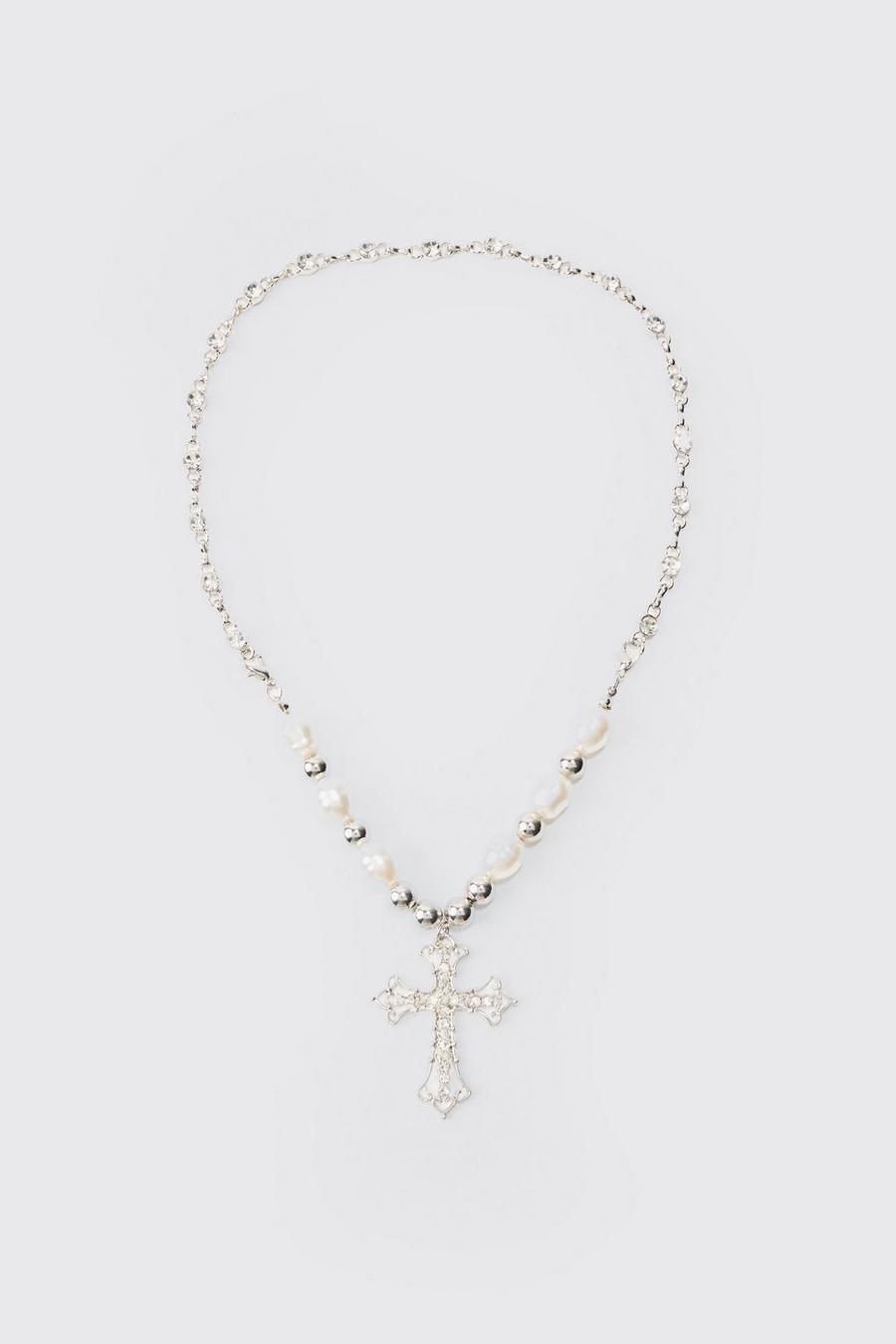 Silberne Perlen Kreuz-Halskette, Silver image number 1
