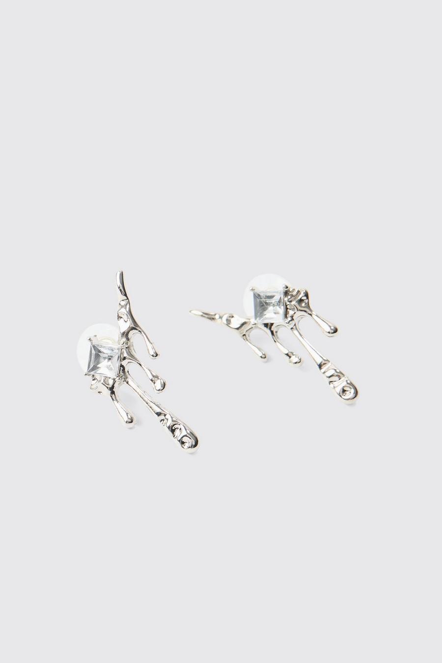 Pair Of Drip Metal Iced Earrings In Silver