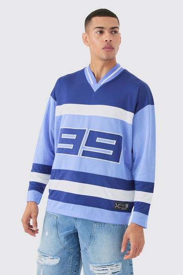 V Neck Colour block Mesh Long Sleeve T-shirt cobalt