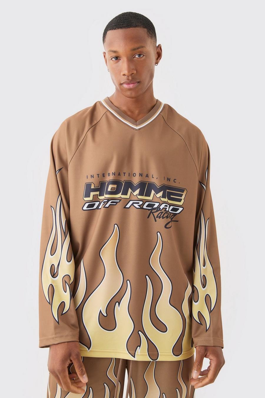 T-shirt Homme a maniche lunghe in rete con fiamme e scollo a V, Chocolate