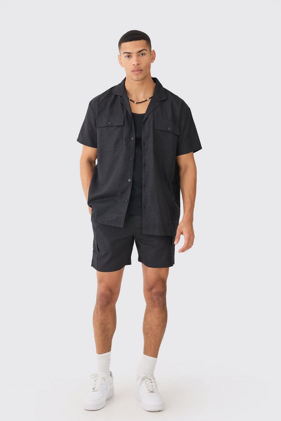 Black Short Sleeve Linen Cargo Shirt & Short