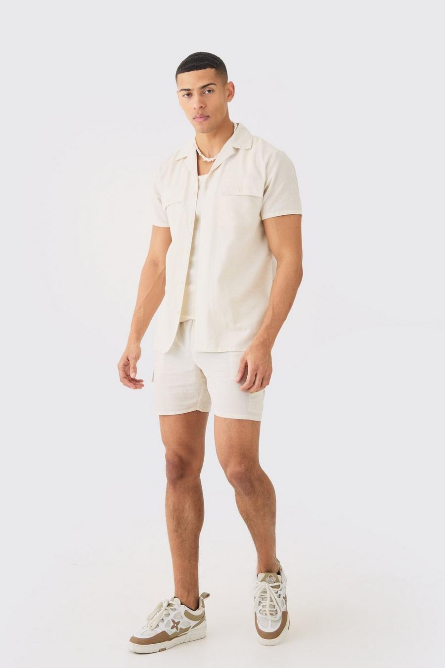 Natural Linnen Cargo Overhemd Met Korte Mouwen En Shorts