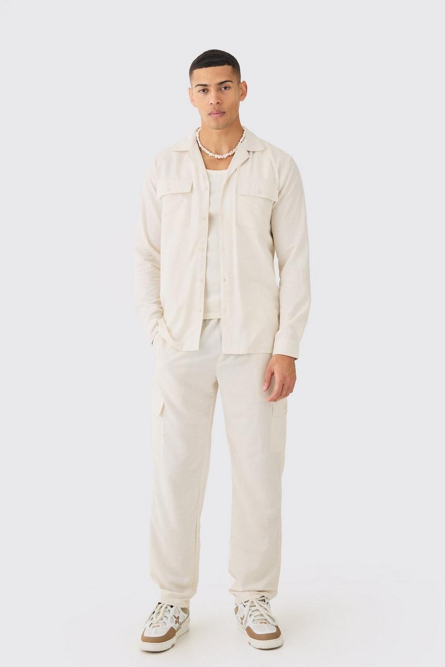 Camicia a maniche lunghe stile Cargo in lino & pantaloni, Natural image number 1