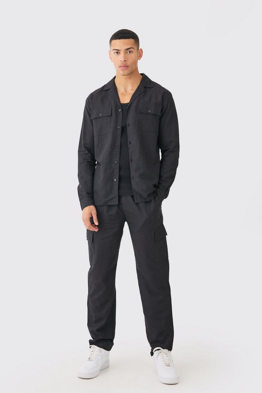 Camicia a maniche lunghe stile Cargo in lino & pantaloni, Black