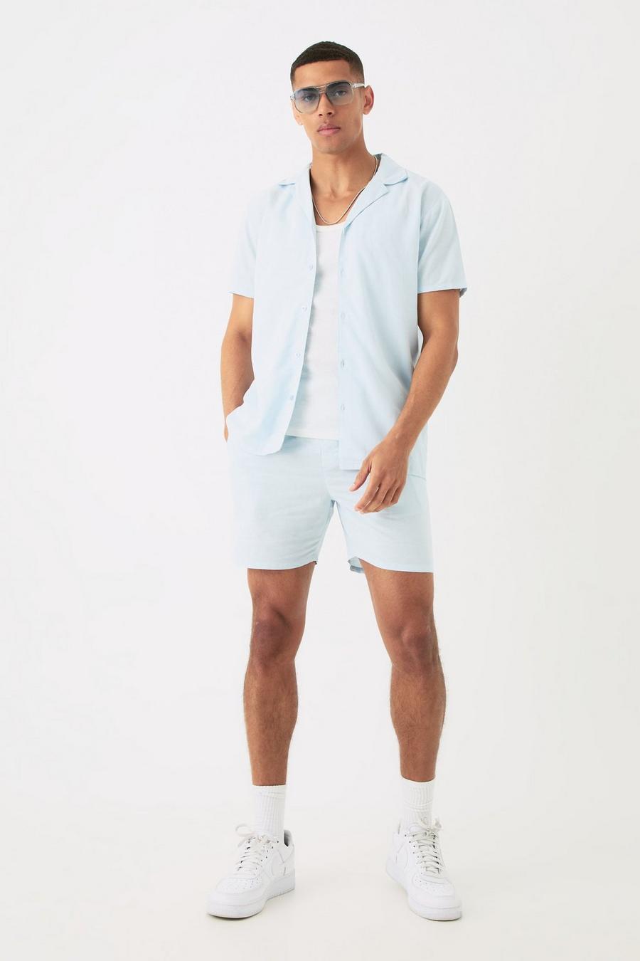 Blue Short Sleeve Linen Shirt & Short Set image number 1