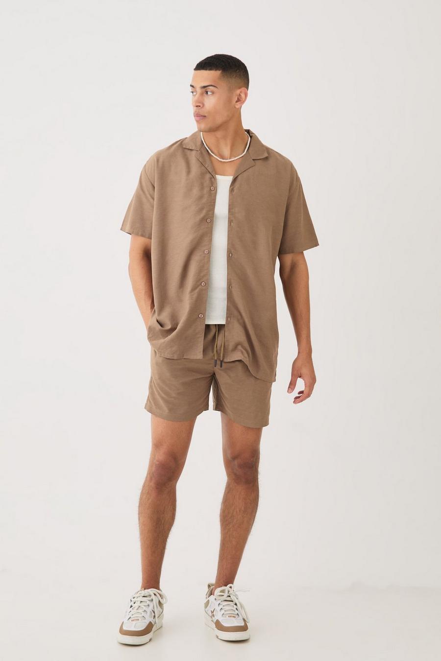Pantalón corto y camisa oversize de lino y manga corta, Brown image number 1
