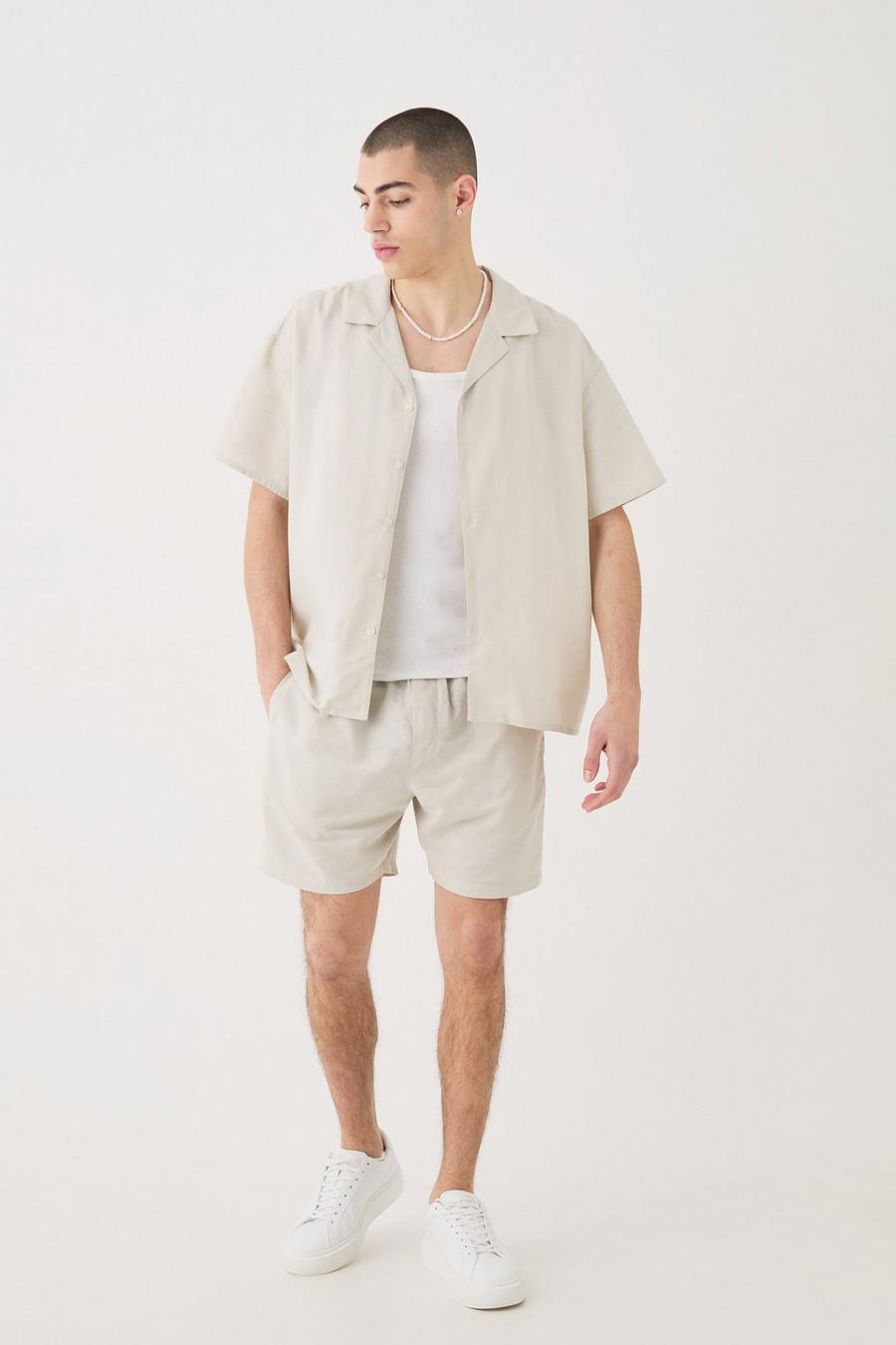 Pantalón corto y camisa recta de lino y manga corta, Grey image number 1