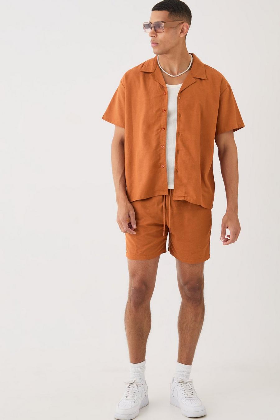 Tan Short Sleeve Boxy Linen Shirt & Short Set image number 1