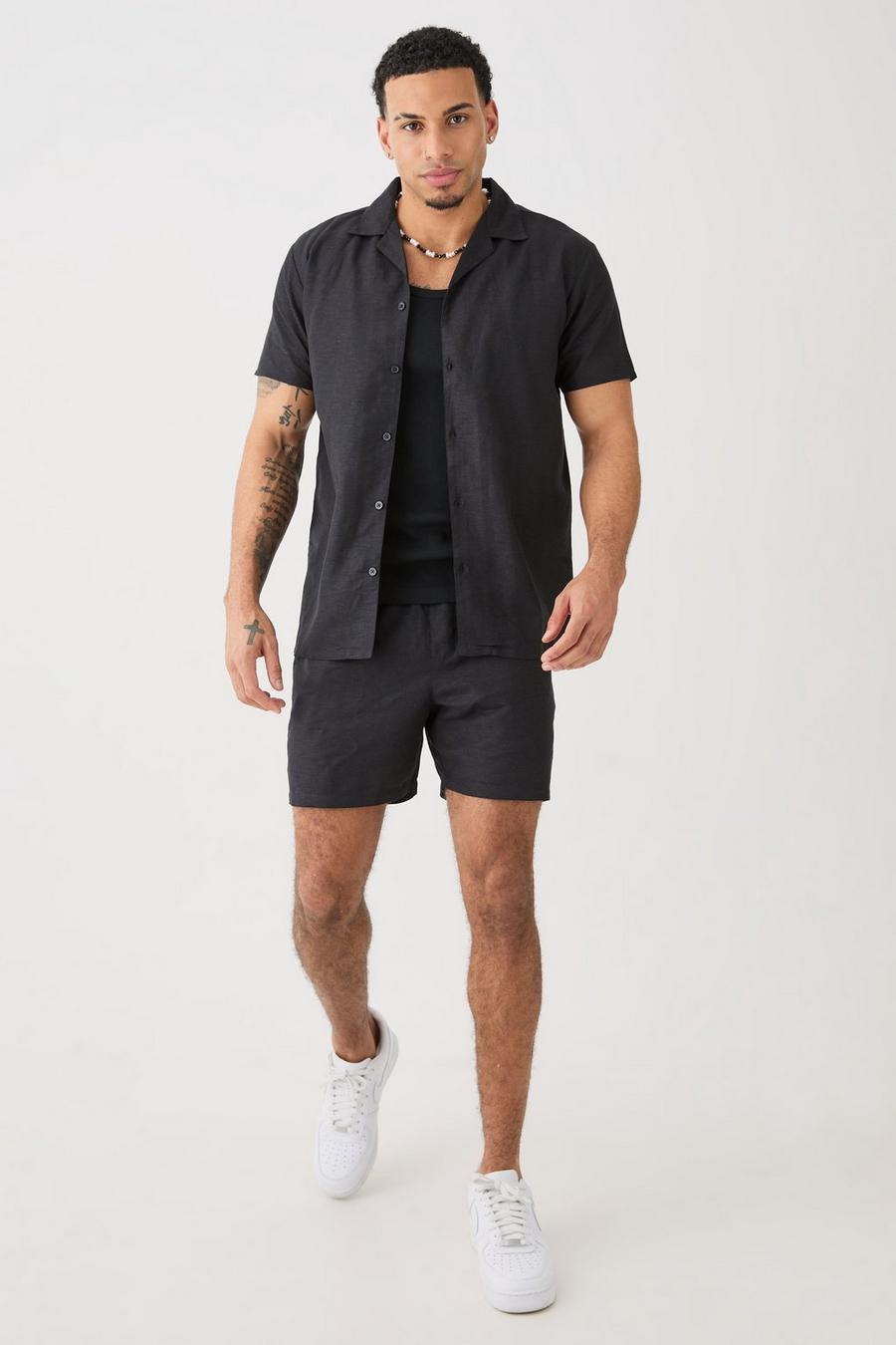 Kurzärmliges Leinen-Hemd & Shorts, Black