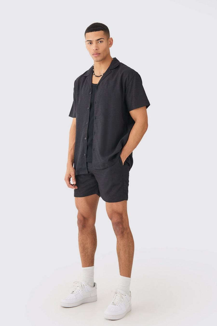 Kurzärmliges Oversize Leinen-Hemd & Shorts, Black