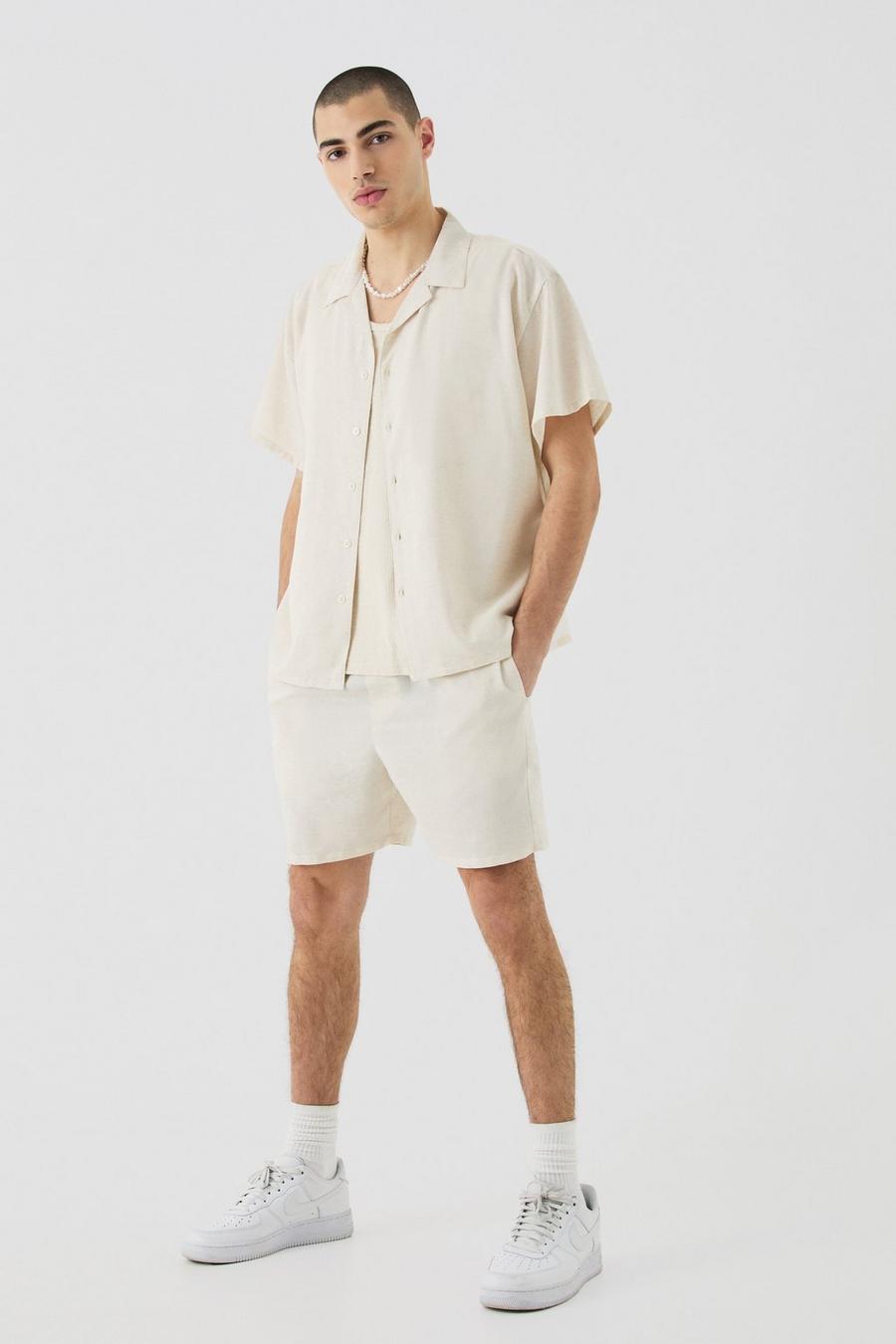 Pantalón corto y camisa recta de lino y manga corta, Natural image number 1