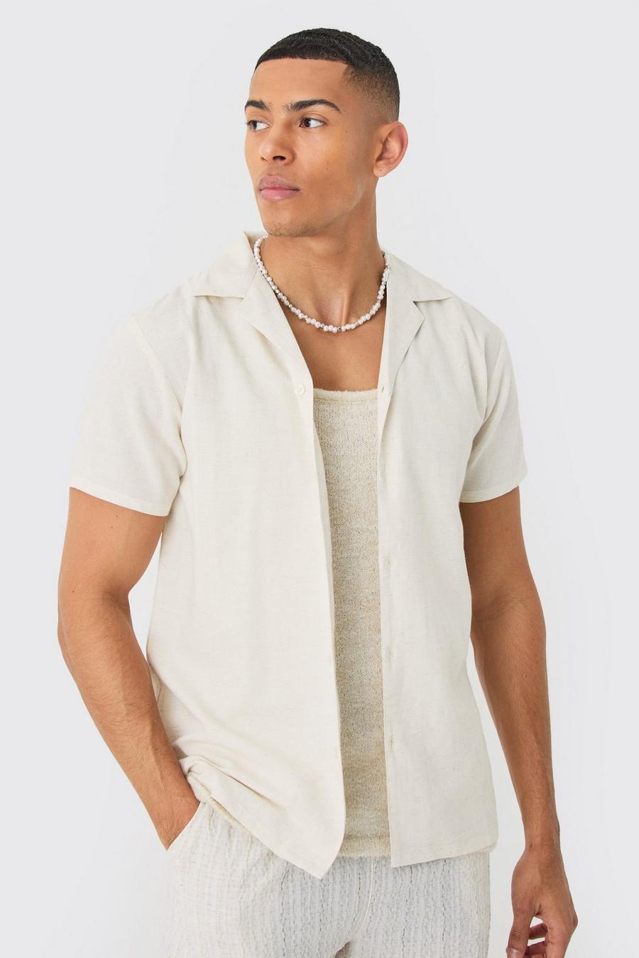 Natural Short Sleeve Dropped Revere Pu Flame Shirt 