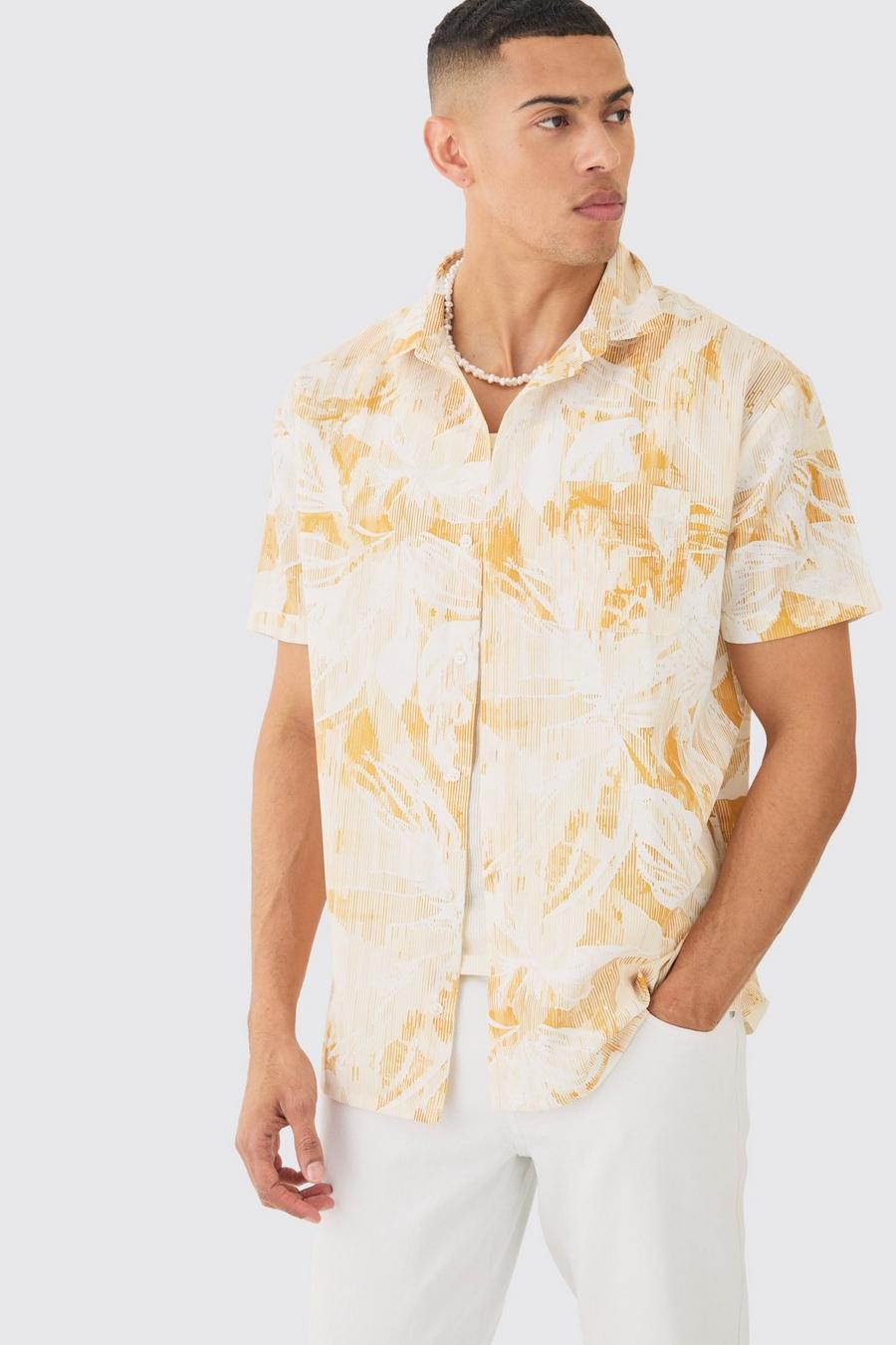 Mustard Oversized Linen Look Brush Palm Print Shirt  image number 1