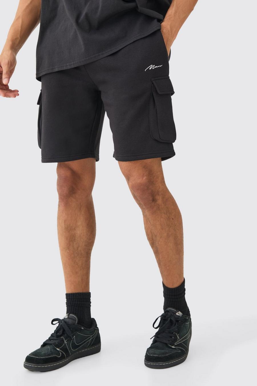 Lockere mittellang Man Signature Cargo-Shorts, Black
