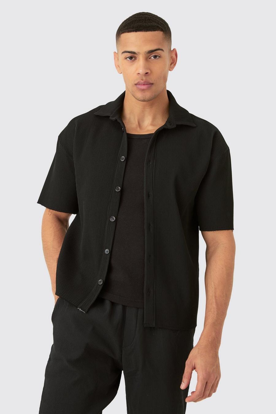 Black Pleated Oversized Button Up Shirt image number 1