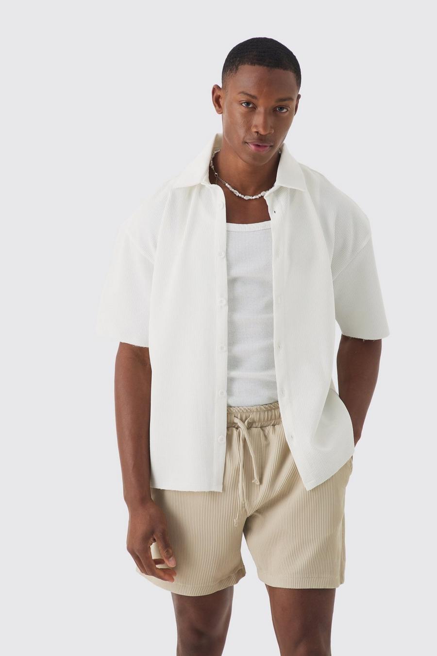 White Short Sleeve Revere Slim Fit Pleated Shirt