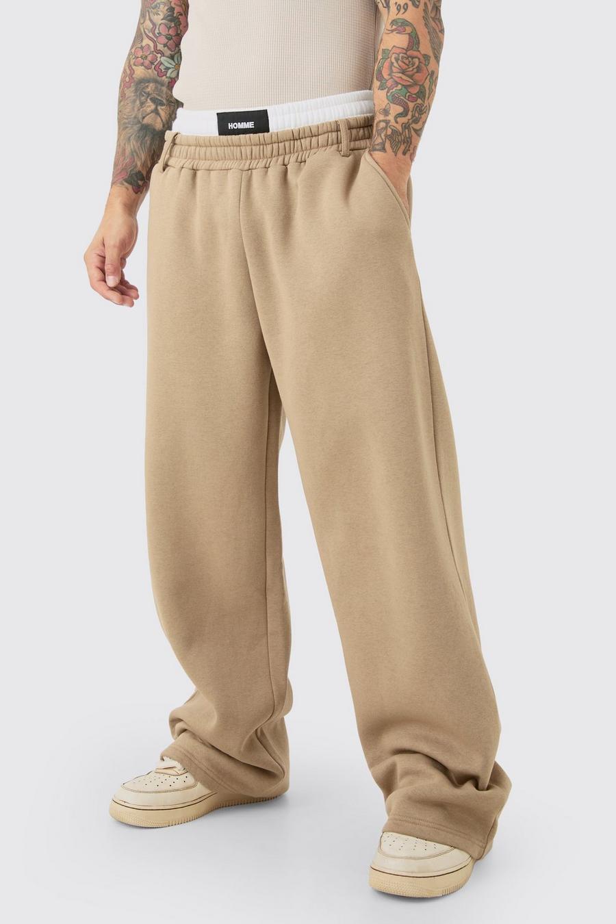 Pantalón deportivo de pernera ancha con cintura elástica doble, Taupe image number 1