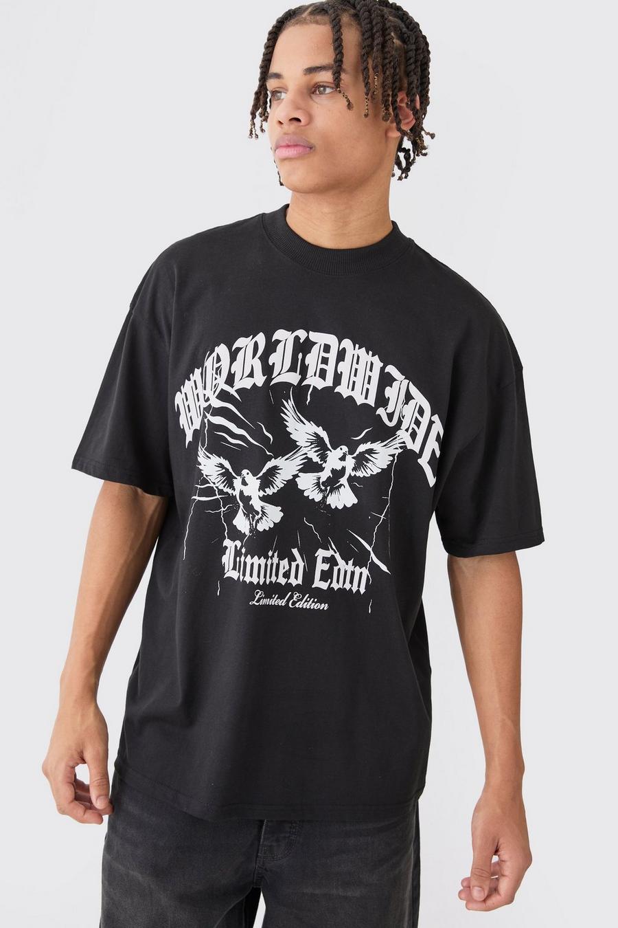 T-shirt oversize con testo in caratteri gotici di uccelli, Black image number 1