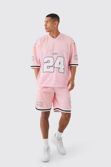 Mesh & Satin Applique Varsity T-shirt & Short Set pink