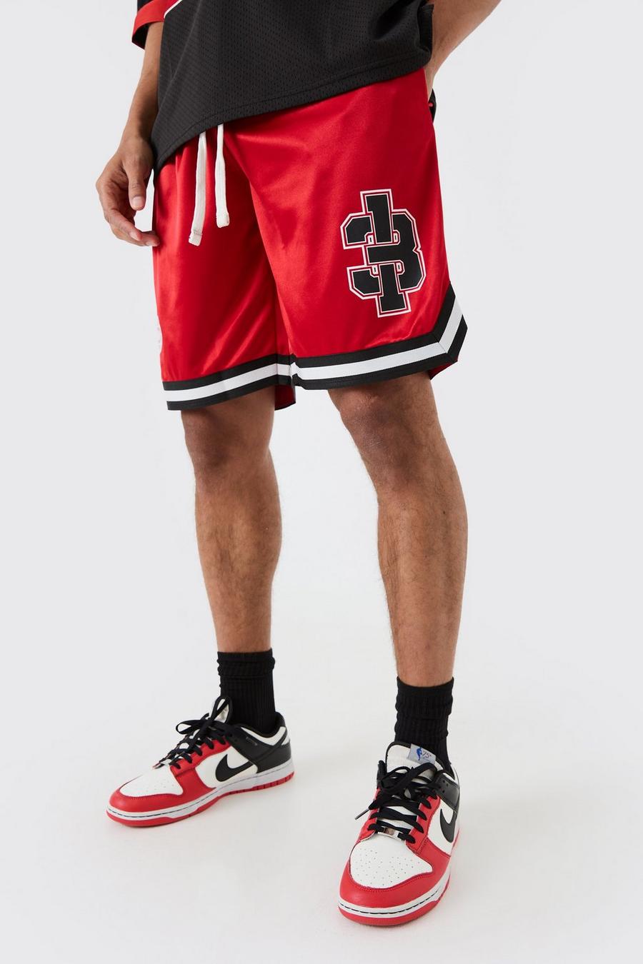 Pantaloncini da basket in rete e raso con applique, Red