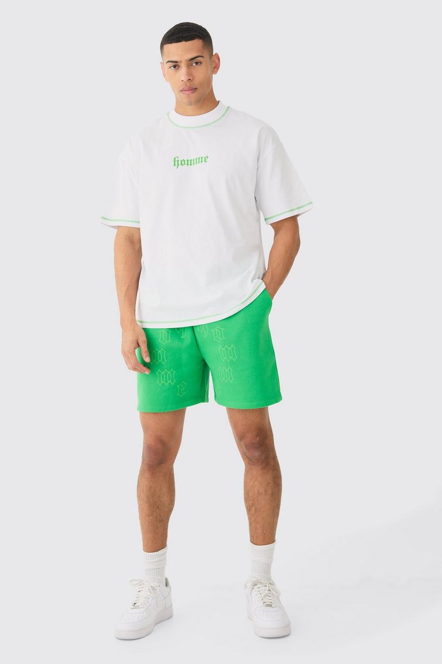 Conjunto oversize de pantalón corto y camiseta con costuras en contraste y estampado gráfico de corazón, Green