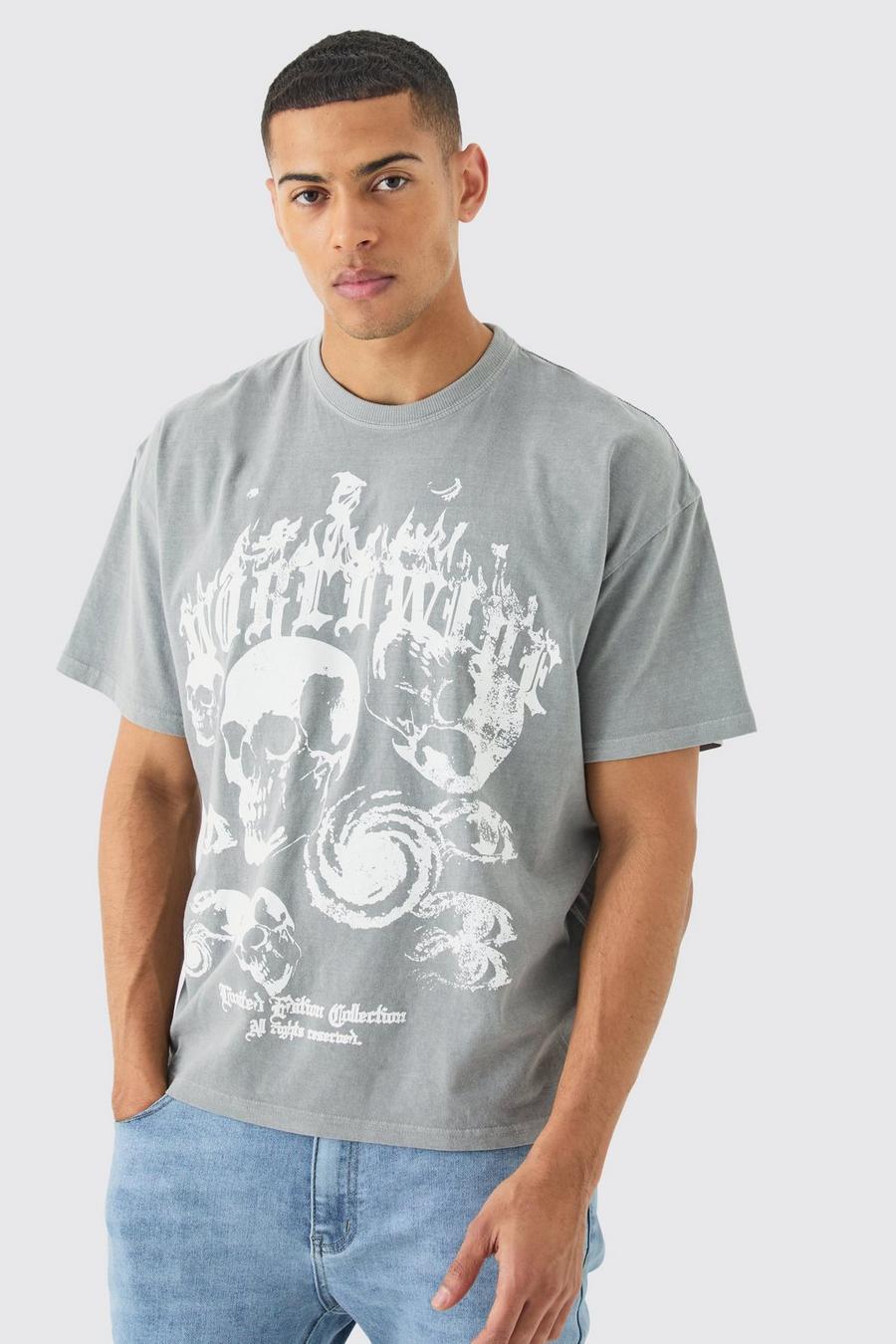 T-shirt squadrata oversize sovratinta con grafica di teschio, Light grey image number 1