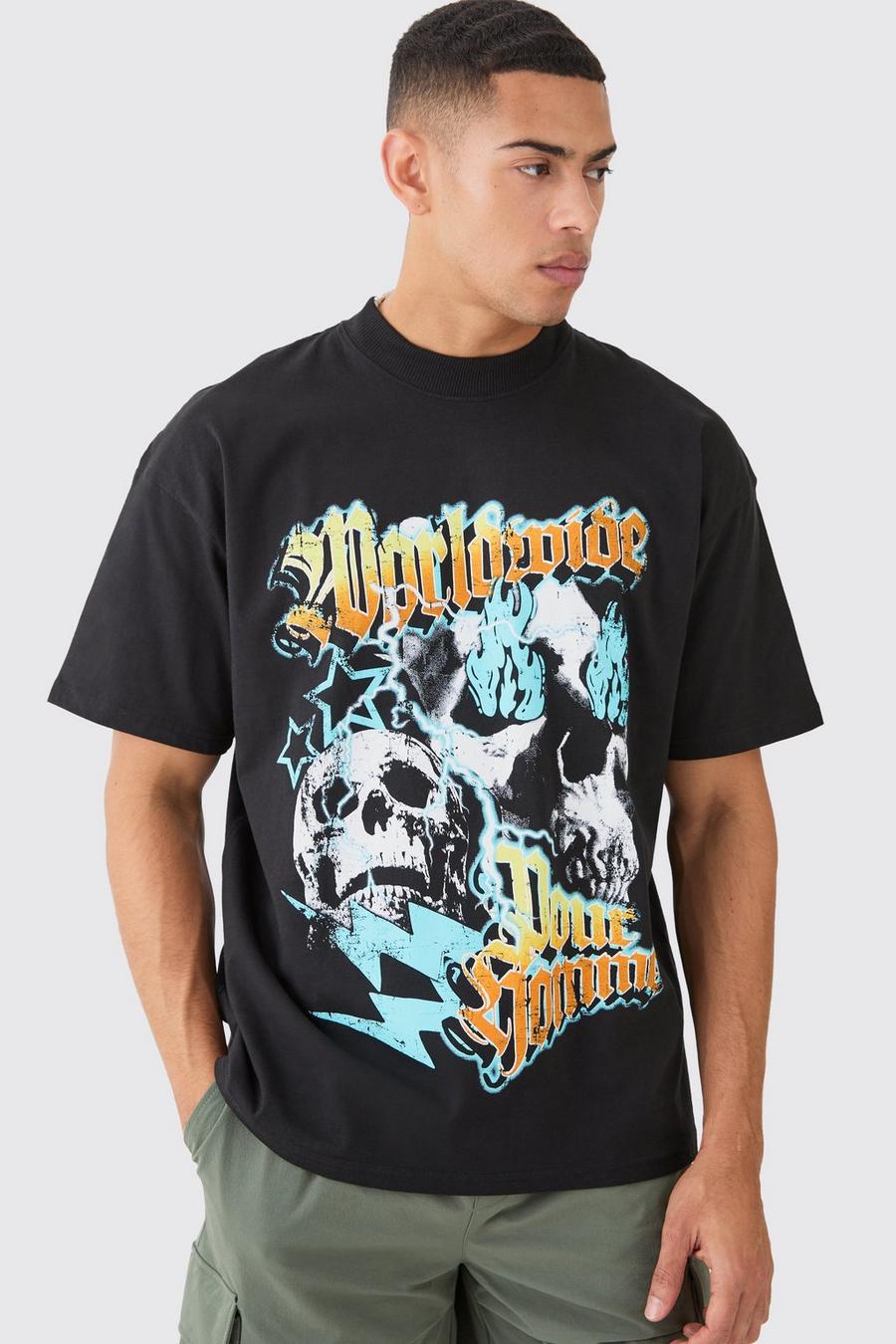 Black Oversized Worldwide Skull T-shirt image number 1