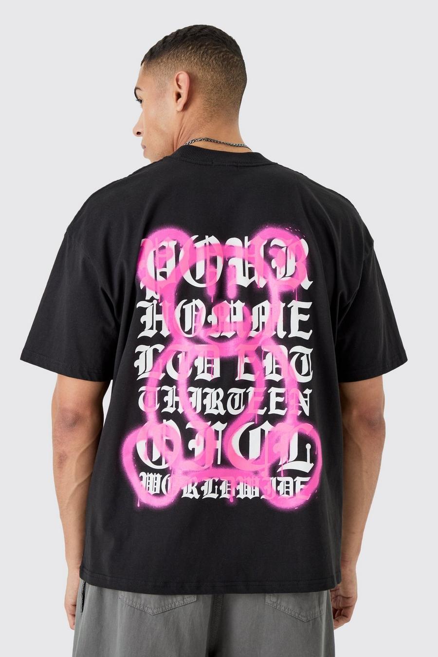Camiseta oversize con estampado gótico de osito y grafiti, Black image number 1