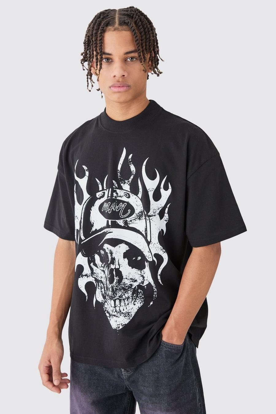 Zerrissenes Oversize T-Shirt mit Totenkopf-Print, Black image number 1