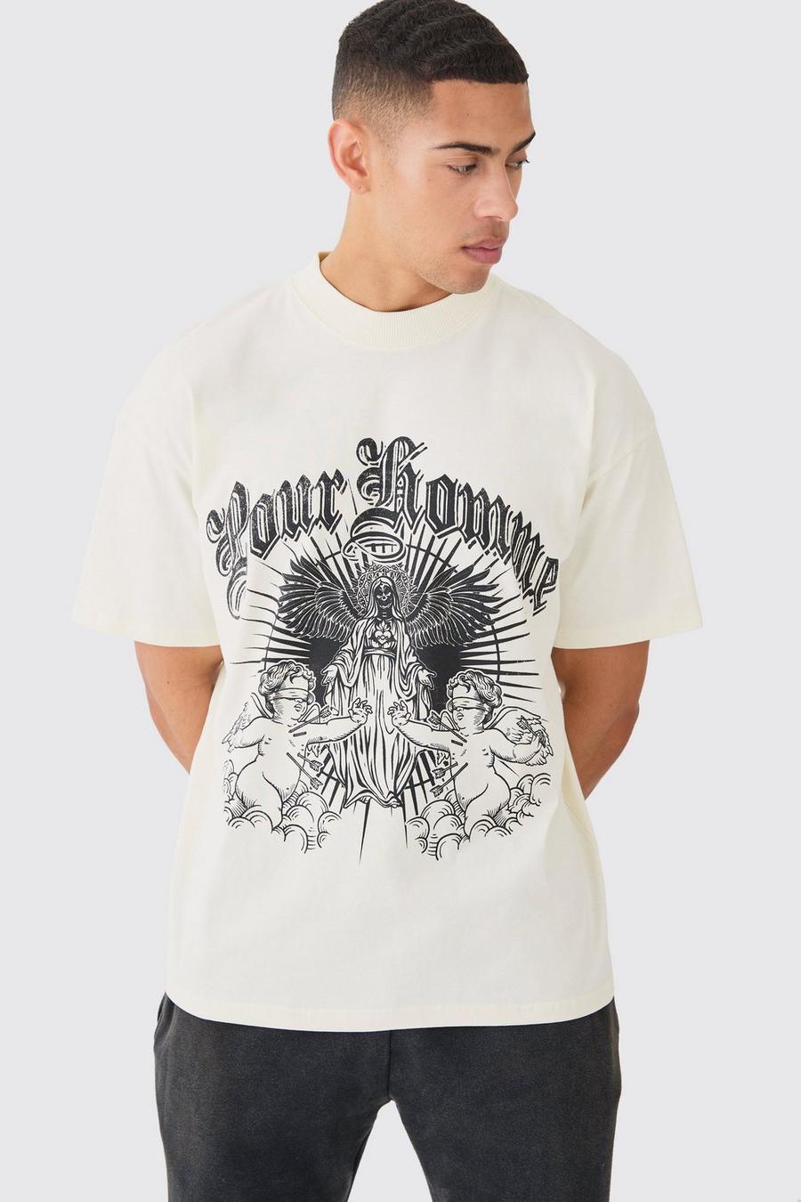 Camiseta oversize con estampado gráfico Pour Homme, Ecru image number 1