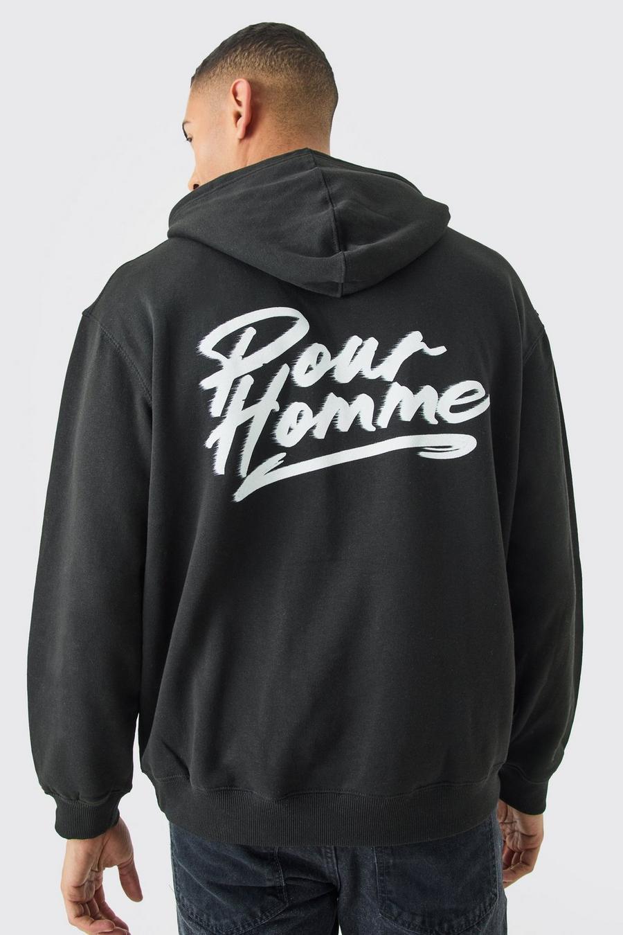 Oversize Hoodie mit Pour Homme Print, Black