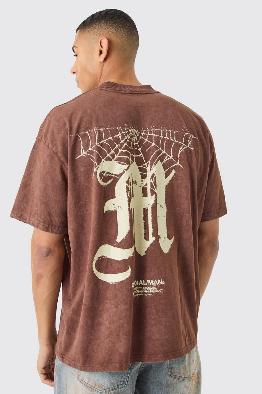 Camiseta oversize con lavado de ácido y estampado gráfico M, Chocolate image number 1