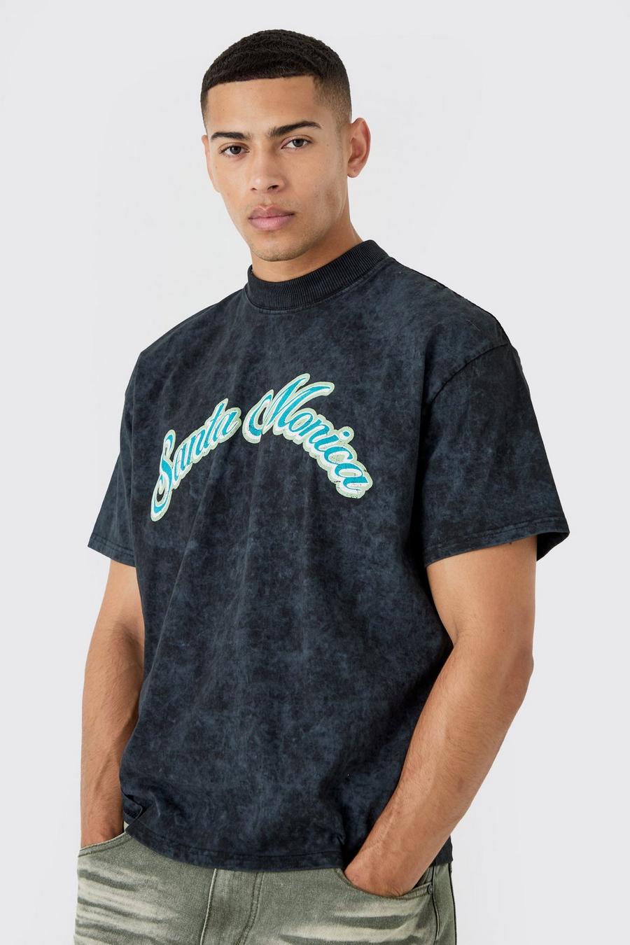 Black Acid Wash Gebleekt Santa Monica T-Shirt