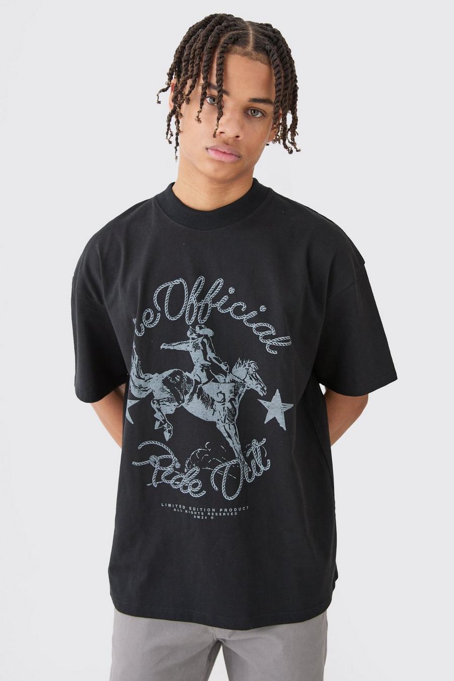 Camiseta oversize con estampado gráfico de rodeo, Black